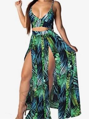 EOSIEDUR Bohemian Floral 2 Pc Set Crop Cami Top & Split Beach Party Maxi Dress